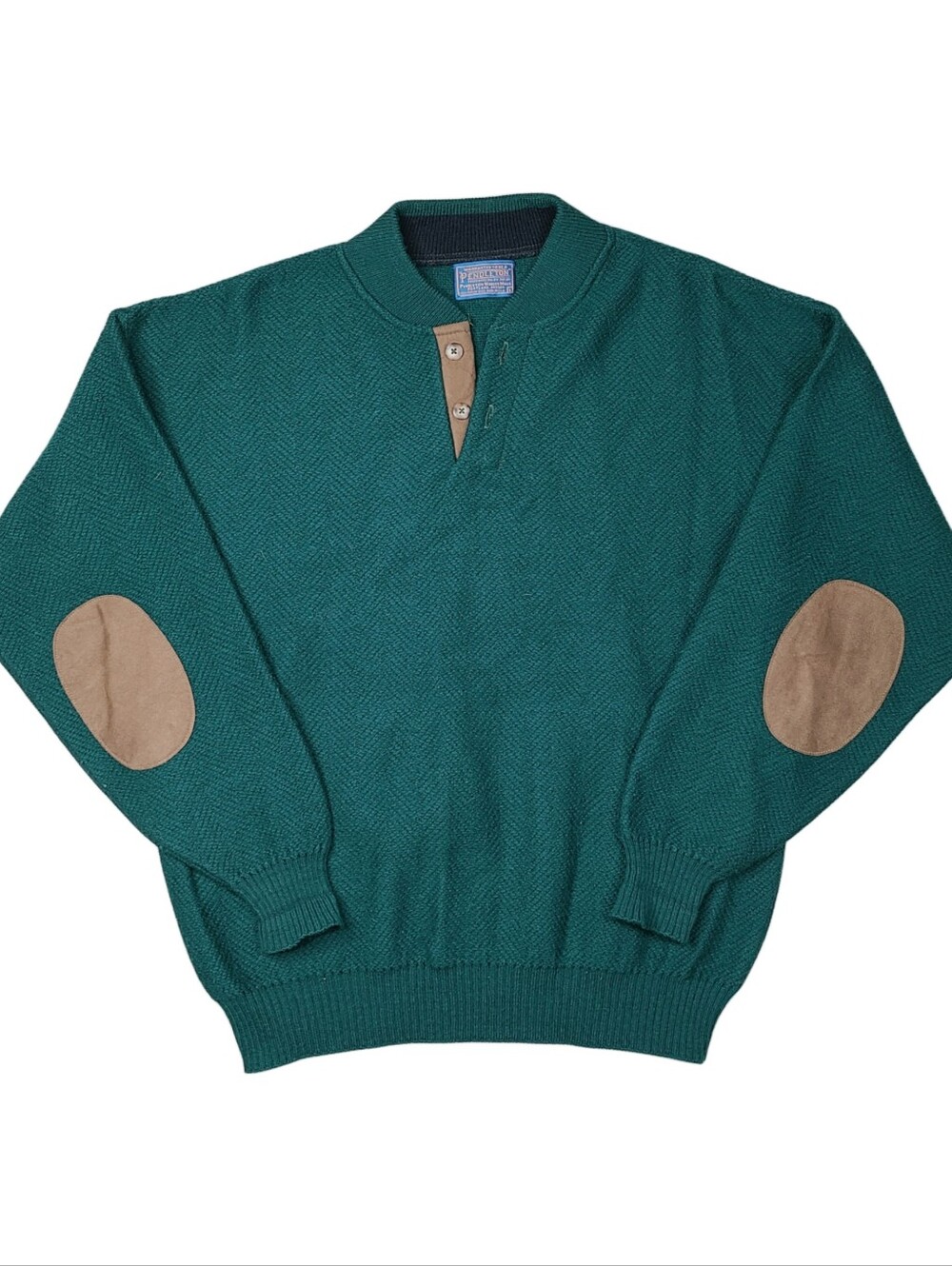 Vintage Pendleton Leather Elbow Patch 100% Wool Dark Green Sweater Men's Large